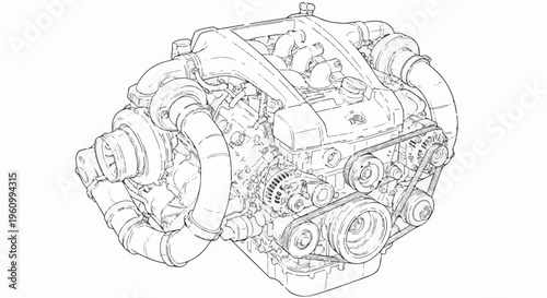 Detailed line drawing of a complex twin-turbo engine with visible internal components and machinery