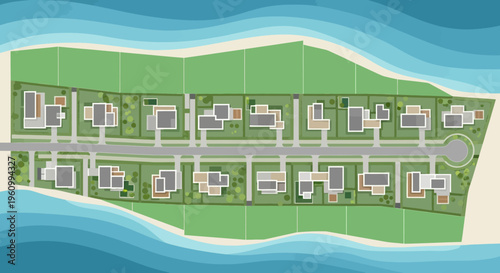 Aerial Top View Site Plan of a Luxury Coastal Residential Development with Modern Houses and Private Beach Access on a Tropical Island