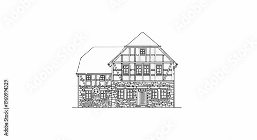 Detailed line drawing of a historic timber-framed house with stone foundation