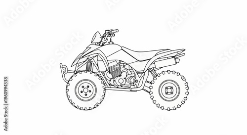 Detailed line drawing of a four-wheel all-terrain vehicle on a white background