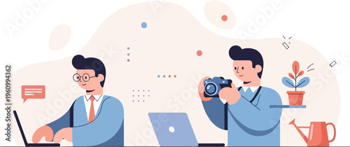 Two men working on laptops and taking photos, with a potted plant