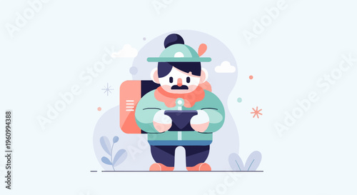 Whimsical cartoon character in winter attire with gaming device