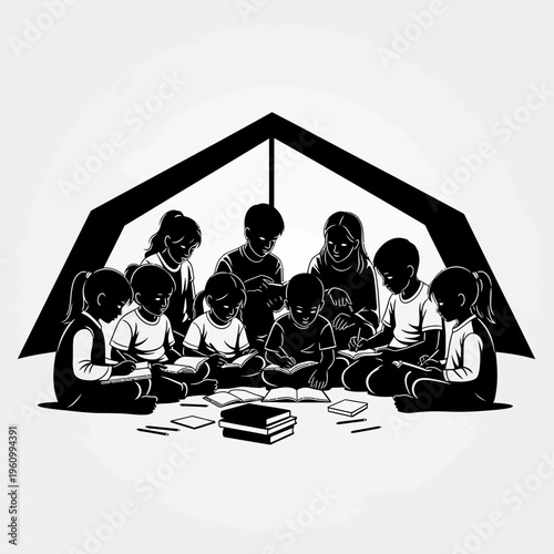 Children sitting in a tent reading.