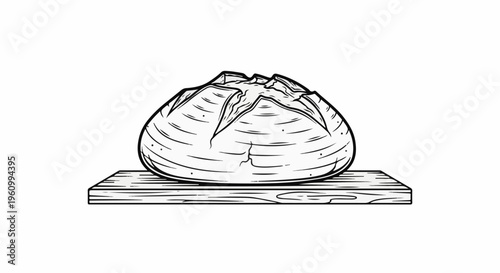 Detailed line drawing of a rustic loaf of bread on a wooden board