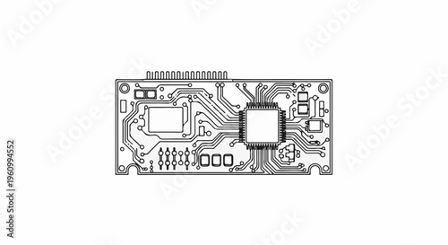Detailed outline drawing of a complex electronic circuit board with various components