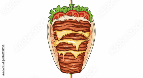 Delicious gyro loaded with meat, cheese, tomatoes, lettuce, and sauce