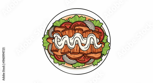 Delicious grilled meat with fresh vegetables and a swirl of sauce