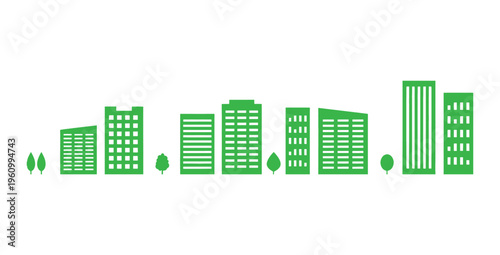 Modern urban skyline illustration featuring a harmonious collection of green buildings and trees, symbolizing sustainable city planning, eco-friendly living, and future-forward development