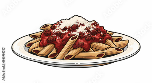 Delicious penne pasta dish with a rich meat sauce and grated cheese topping