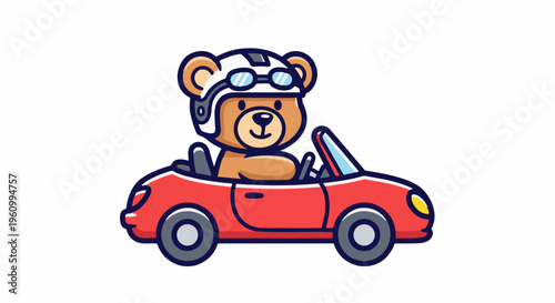Cute teddy bear driving a red convertible sports car wearing a helmet