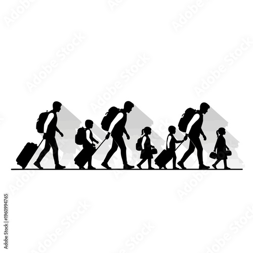 Family walking in line with luggage.