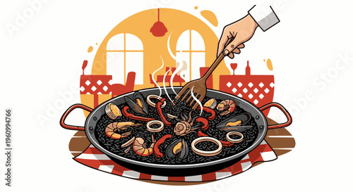 Delicious seafood paella being stirred in a pan with steam rising