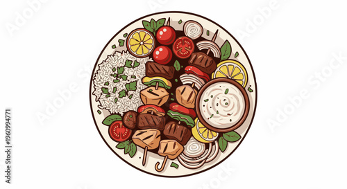 Delicious plate of grilled meat skewers with rice, lemon, and sauce