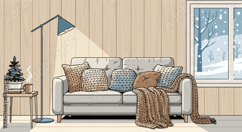 Cozy living room scene with a sofa, pillows, and a steaming mug on a table