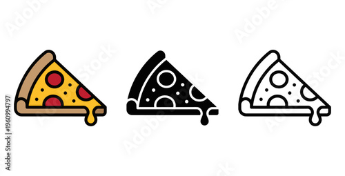 Three distinct illustrations of delicious pizza slices, each showcasing different artistic styles and mouth-watering toppings perfect for any food-related design or advertisement