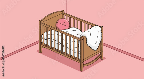 Cozy wooden crib with fluffy white bedding and a pink round toy