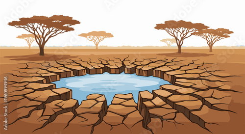 Cracked earth surrounds a small waterhole in a dry savanna landscape