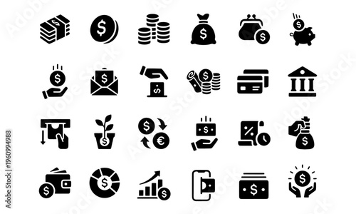 Comprehensive collection of financial assets, banking, and e-commerce icons, ideal for business, payment, and investment applications, covering various financial operations and transactions