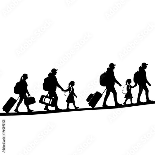 Family walking with luggage together.