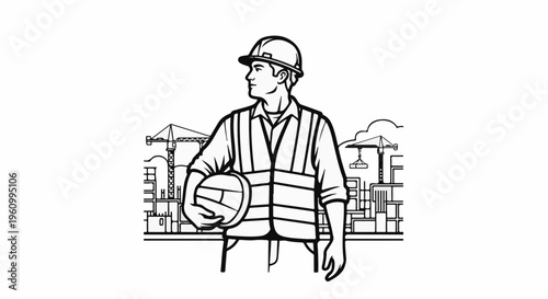 Construction worker in hard hat and vest holding helmet with cranes and buildings