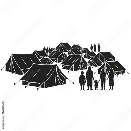 Family with kids in tent camp.