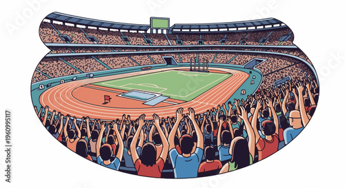 Crowd cheering at a stadium event with a track and field