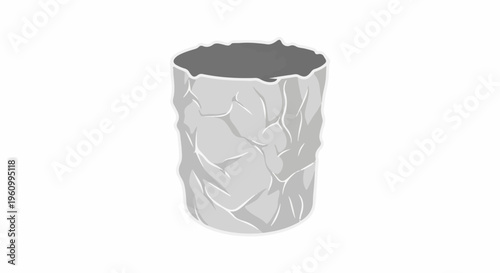 Crushed, crumpled gray paper cylinder with dark interior