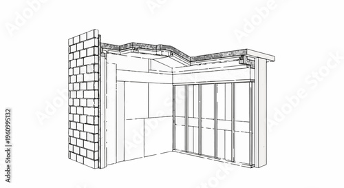 Cutaway view of building construction showing brick wall, insulation, and interior framing