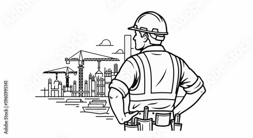 Construction worker in hard hat observes building site with cranes and structures