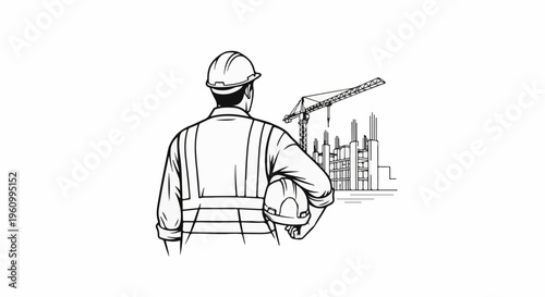 Construction worker overseeing a building project with a crane and unfinished structures