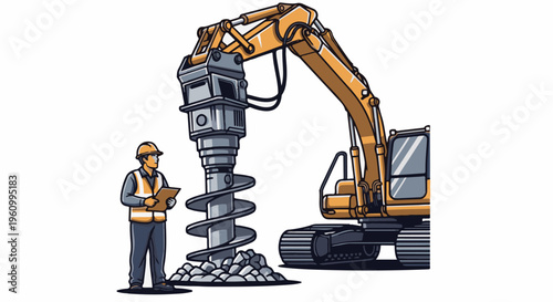 Construction worker oversees drilling machine operation on site