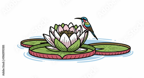 Colorful bird perched on a lush water lily with pads in water