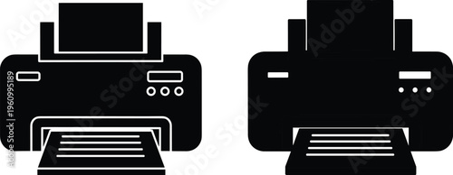 Printer Icon Set Featuring Inkjet and Laser Machine Silhouettes Representing Office Documentation Printing Technology Paper Work Business Output Equipment and Hardware