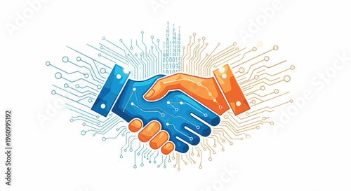 Digital handshake symbolizing collaboration and technological integration