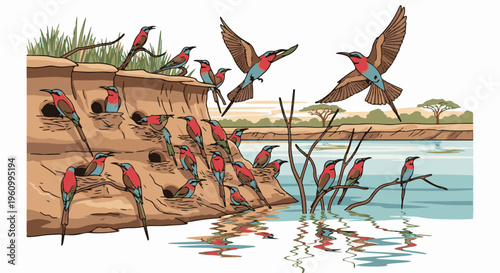 Colorful birds nest in cliffside burrows by a serene lake with distant trees