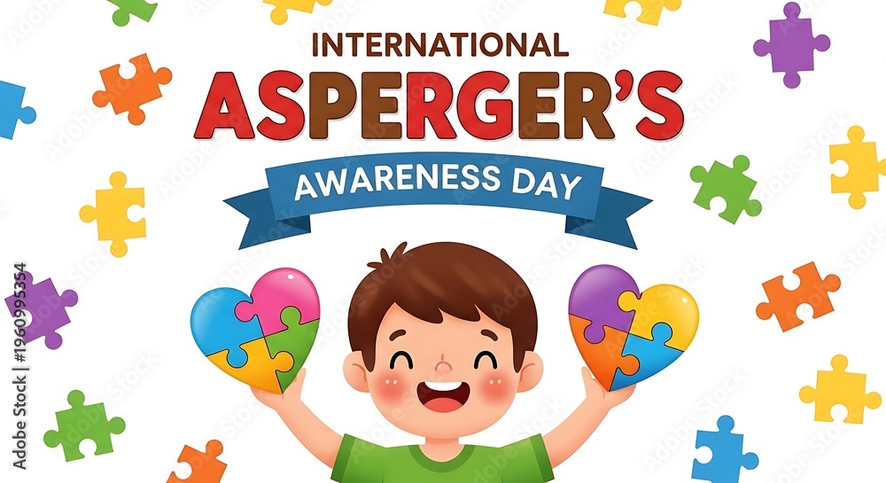 Fototapeta premium International Awareness Day Celebration with Child Holding Puzzle Heart Shapes Background Symbolizing Neurodiversity and Acceptance