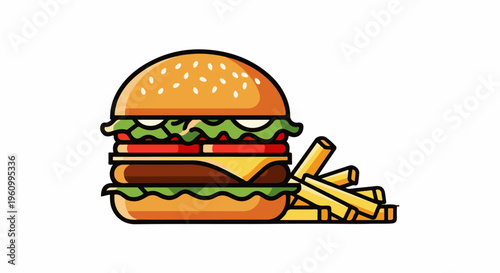 Colorful cartoon style hamburger and french fries on a white background