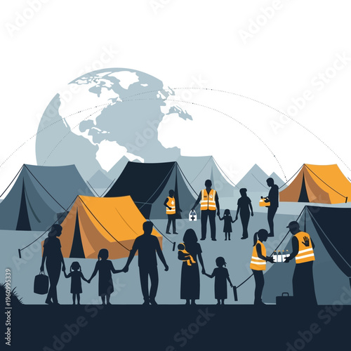 People in refugee camp setting outdoors.