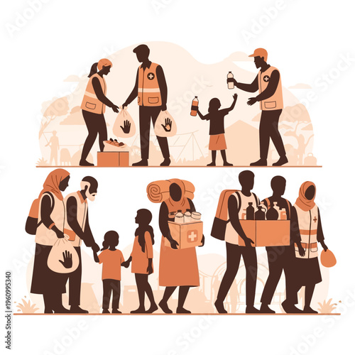 People helping others with food boxes.