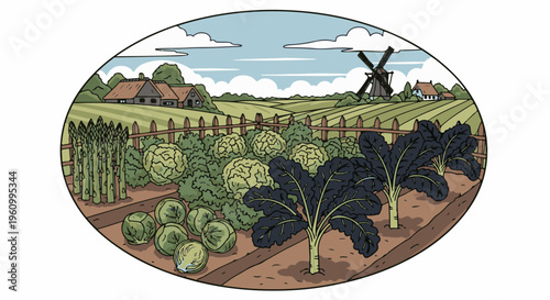 Colorful cartoon of a flourishing garden with vegetables, windmill, and farmhouse
