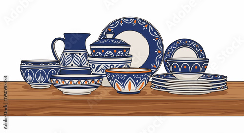 Colorful ceramic dishes and bowls with intricate blue and orange patterns