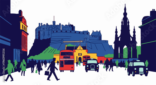 Colorful city skyline with historic castle and bustling street scenes