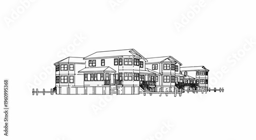 Detailed architectural sketch of a multi-story coastal house on stilts with a boardwalk