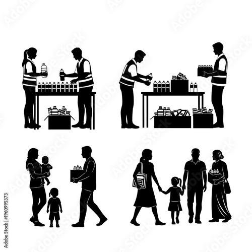 People receiving food and drinks.