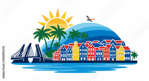 Colorful coastal town with palm trees, a bridge, and a parrot in the sun