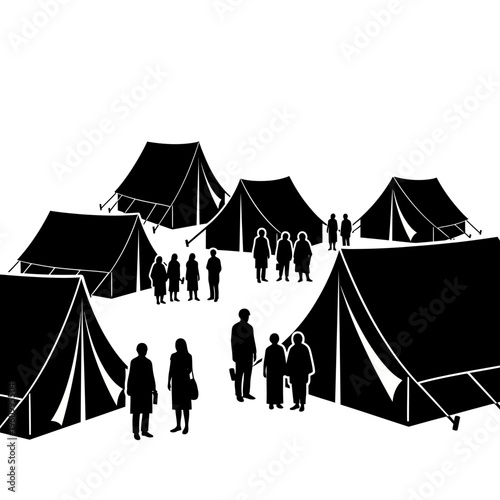 People standing near several black tents.