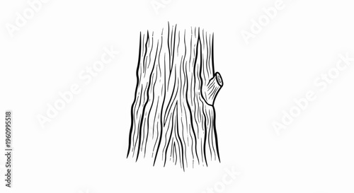 Detailed black and white illustration of a textured tree trunk with a branch stub