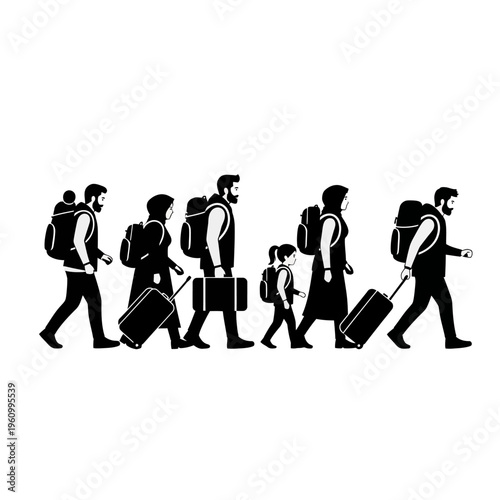 People walking with luggage and backpacks.