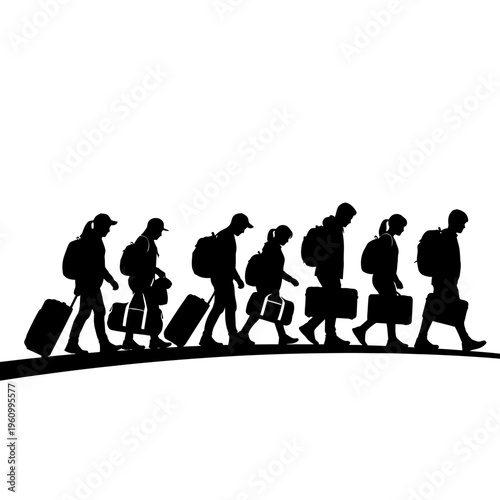 People walking with luggage in line.