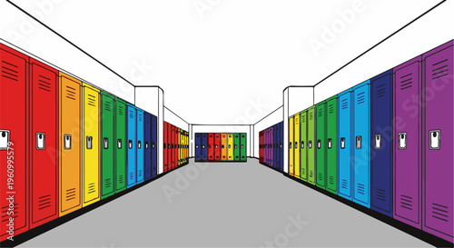 Colorful lockers stretch down a hallway, forming a vibrant perspective